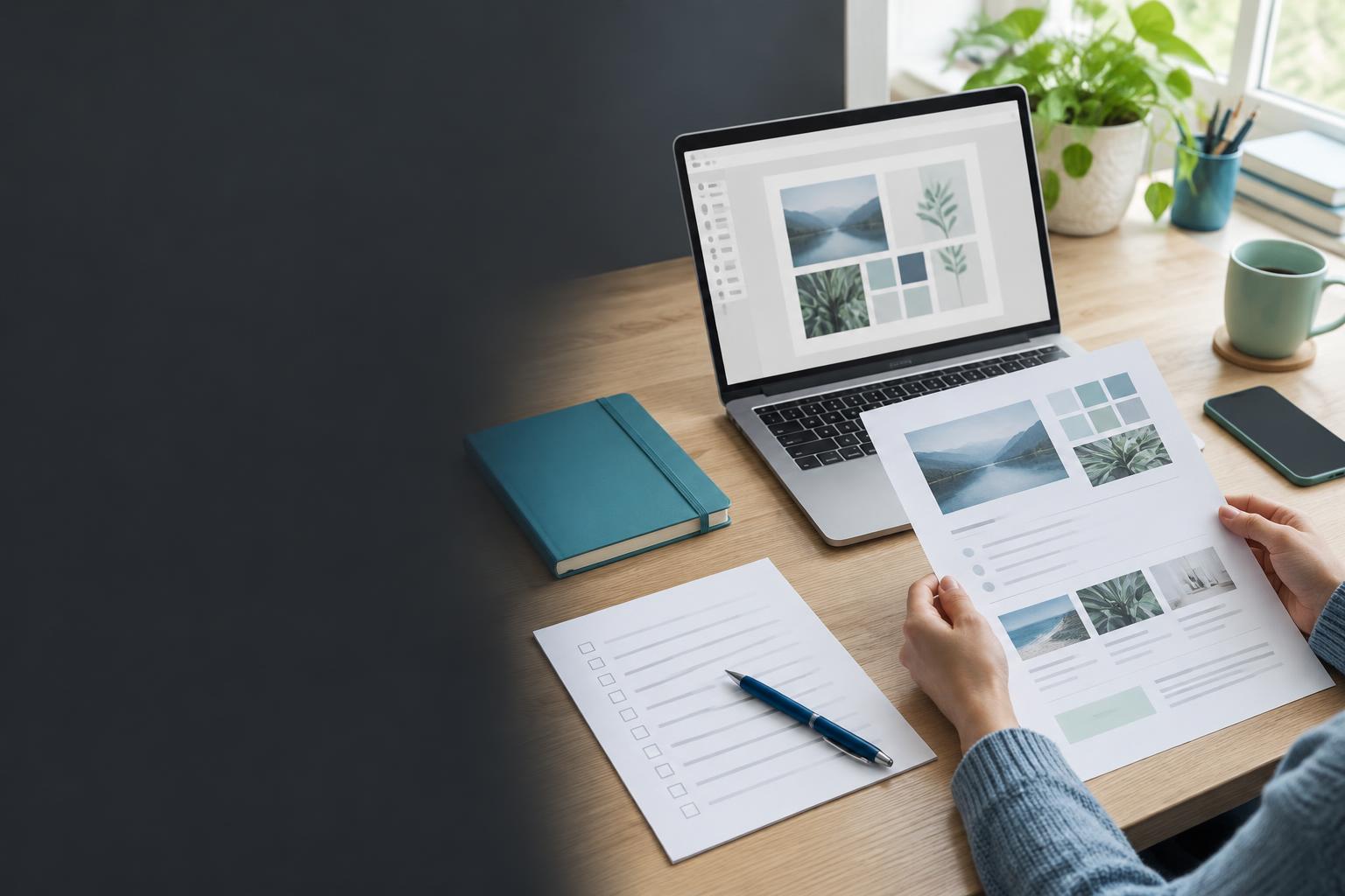 A project brief being reviewed beside a laptop