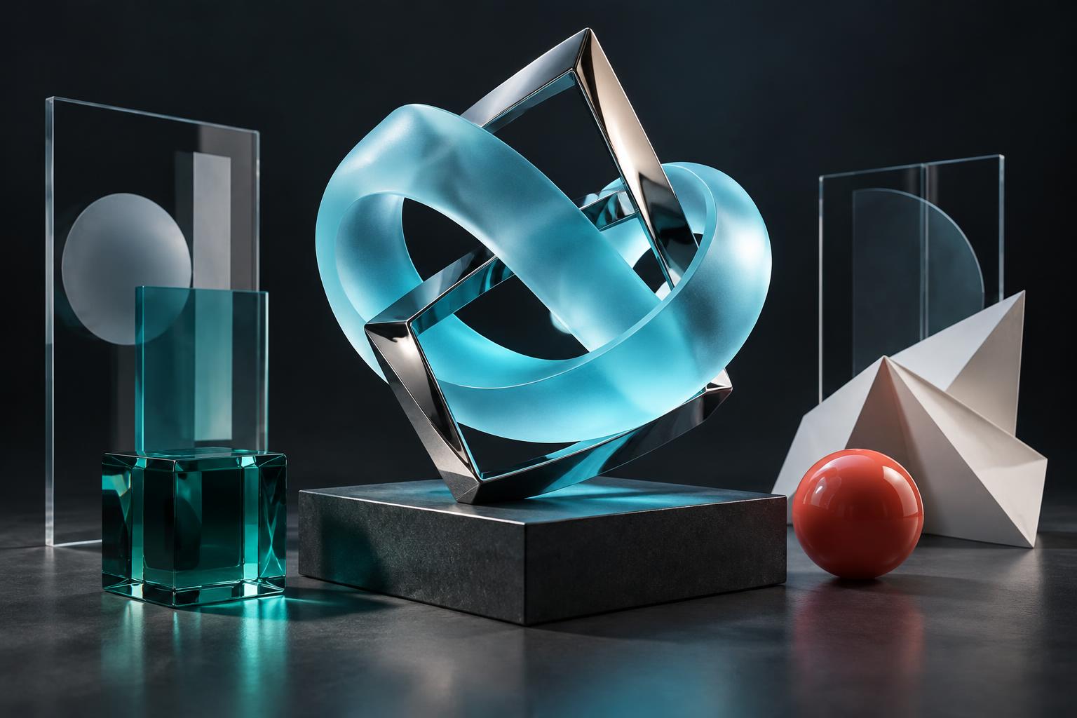 Cyan glass and chrome sculpture surrounded by creative design objects